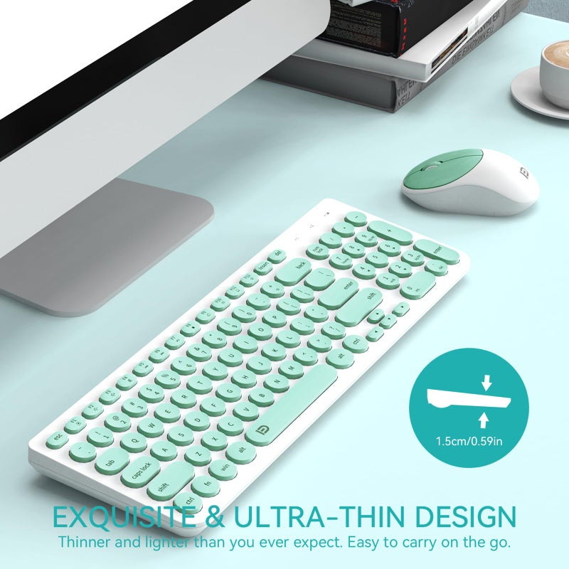FD Wireless Keyboard and Mouse Combo - 2.4GHz USB Cordless, Cute Round Keys, Quiet and Slim Set for Laptop, Computer, TV, and Mac - Mint Green & White - Image 5